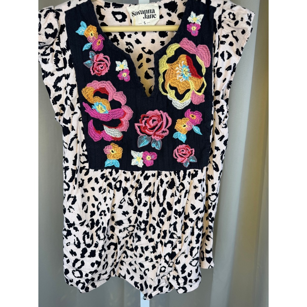 Savanna Jane‎ Embroidered Leopard Print Boho Top Small